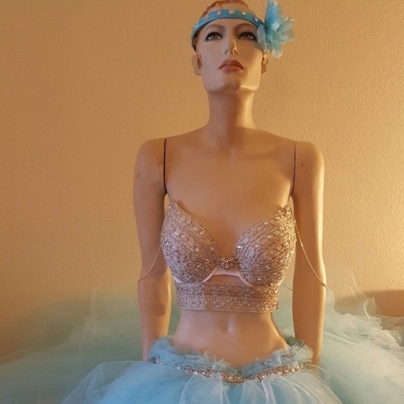 Silver Blue 2Pc Rhinestone Bralette Ballgown Set